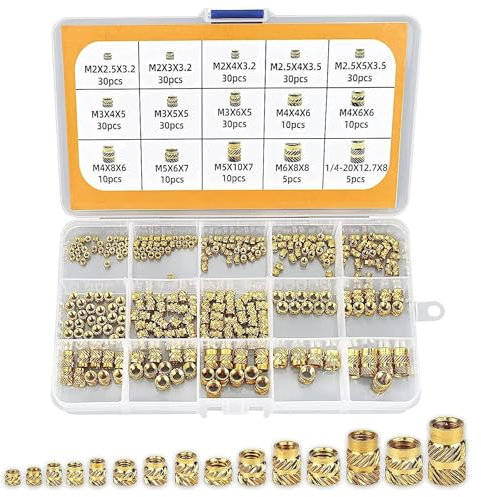 Monsully Threaded Inserts for Plastic 300Pcs, Heat Inserts Assortment Set, Brass Metric Knurled Nuts M2 M2.5 M3 M4 M5 M6 1/4, Threaded Insert Nuts, Brass Heat Insert for 3D Printer Parts