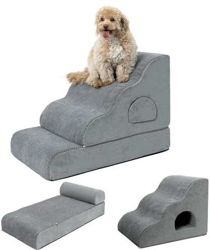 Hundetreppe für kleine Hunde, 50 cm hoch, 4-stufige Hundetreppe für Hochbett, hochdichter Schaumstoff, gebogene Haustiertreppe mit rutschfestem, abnehmbarem, waschbarem Bezug, um aufs Bett zu steigen