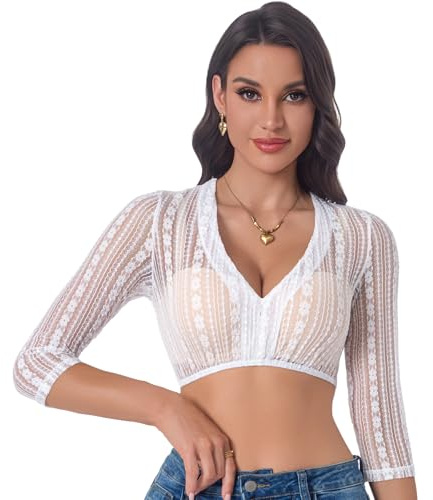 Adisno Dirndl blus dam, Dirndlblus, Dirndl-blus, Dirndlblus spets, Dirndlblusar med elegant V-ringad och sexig spets, vit, Vit, 38