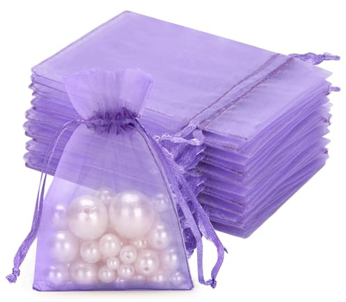 jijAcraft Lilac Organza Gift Bags: 7x9cm Small Organza Pouches, 50Pcs | Drawstring Wedding Jeweller Bags, Party Sweet Pouches for Gift Wrapping, Wedding, Birthday, Party