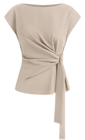 BTFBM Women Blouses Summer Cap Sleeve Crew Neck Work Shirts,L,Apricot