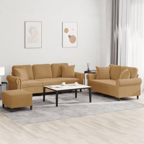WEMYUFURN Samt Sofagarnitur 3-TLG in Grau mit Hocker, Weiches Velours Sofa Set für Wohnzimmer, Bequeme Couchgarnitur mit Stabilem Metallgestell und Dekokissen, Plüsch Sofa Gruppe