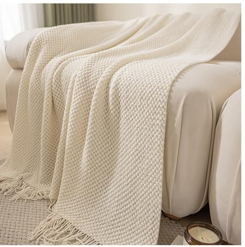 Decke Grob Gestrickte, Grobstrick Strickwolle Dickes Garn,Quaste Kuscheldecke Sofadecke Schlafdecke,Wohndecke Weich Strick,Für Sofa Gestrickte Bettüberwurf,Weiß,127x230cm/50x90in