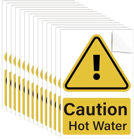 14 Pack Caution Hot Water Stickers,60mm x 90mm Portrait Hot Water Signs | Self Adhesive, Kitchen Safety Signs,Waterproof Vinyl Safety Stickers, for Kitchens, Bathrooms