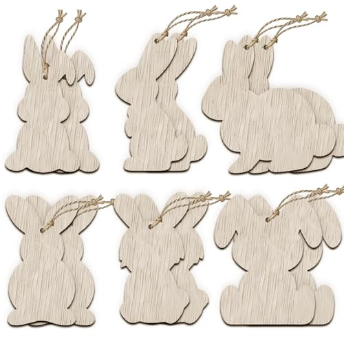 CUBarty 18 Stück Osterdeko zum Aufhängen, Osterhase Anhänger Holz mit Schnur, Ostern Holzanhänger, Osterhasen zum Basteln für Ostergeschenke Oster Deko