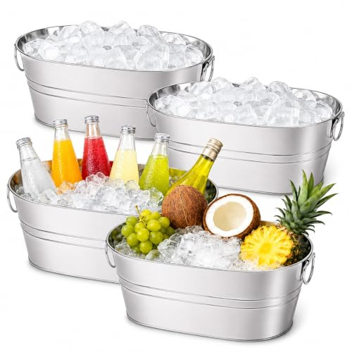 4 Pack Galvanised Drink Tubs, 15L Metal Ice Buckets with Handles | Open-top tubs for bottled and canned drinks with ice at BBQs, parties, picnics, bars and event tables.