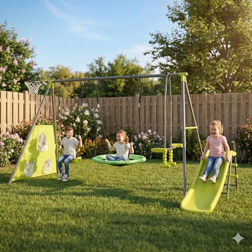 KDYMOD Metal 6 in 1 Swing Set for Kids, Playground with Basketball Hoop & Football net, Seesaw & 3.28ft Slide Durable Steel Frame – Outdoor Backyard Playset, Swing Sets for Backyard (Green)