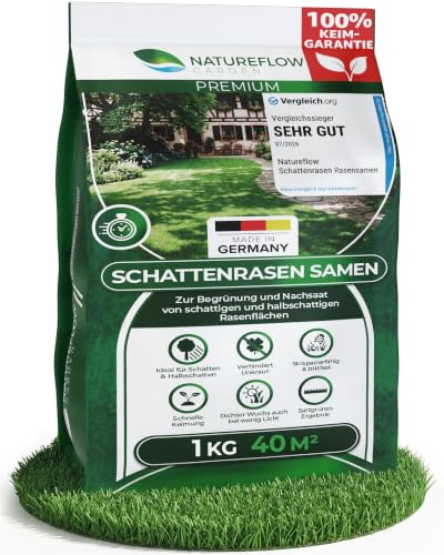 Schattenrasen Samen Rasensamen Schnellkeimend 1kg - TEST SEHR GUT - 100% Keimgarantie - Grassamen für schattige Flächen - Sommer Nachsaat Rasensaat & Neuanlage 40m² - Made in Germany
