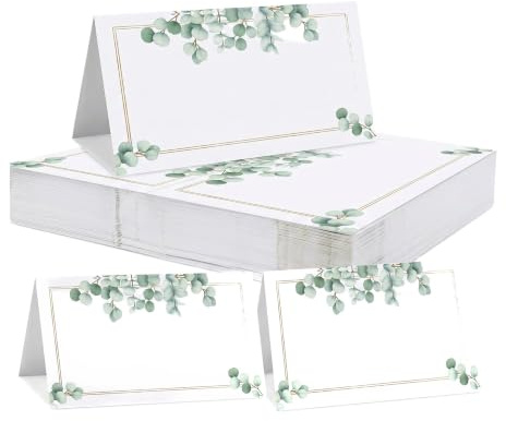 50 Stück Tischkarten mit Eukalyptus Design – Gefaltet 9x5 cm, entfaltet 10x9 cm – Platzkarten für Hochzeit, Geburtstag, Taufe & Konfirmation – Namenskarten aus stabilem Karton (Blätter)