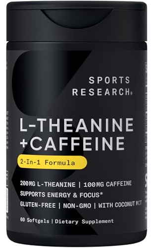 Sports Research L-Theanine Supplement with Caffeine & Coconut MCT Oil - Focused Energy, Alertness & Relaxation Without Drowsiness - 200mg L Theanine, 100mg Organic Caffeine - 60 Liquid Softgels