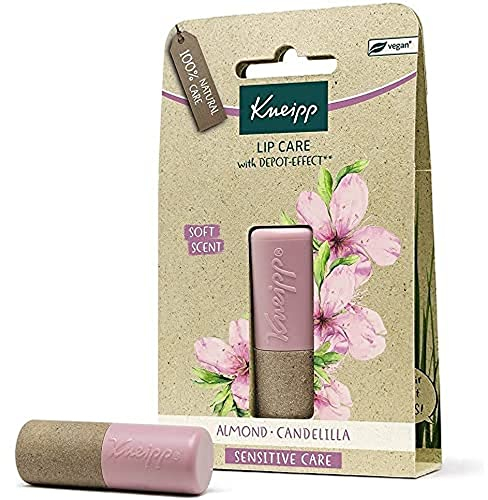 Kneipp, Bálsamo Labial Sensitive Care, Reparador, Protector e Hidratante de Labios con Efecto Prolongado, 100% Natural, con Aceite de Almendras y Cera de Candelilla, Aroma a Almendra