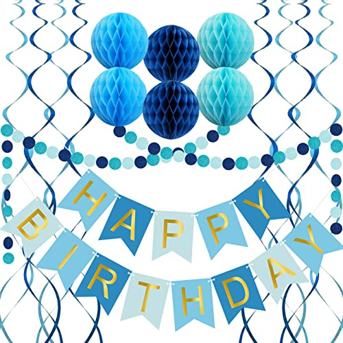 Decorazioni per feste di compleanno di colore blu, con striscione con scritta in inglese “Happy Birthday”, sfere di carta a nido d'ape, ghirlanda a cerchi e decorazioni a spirale da appendere