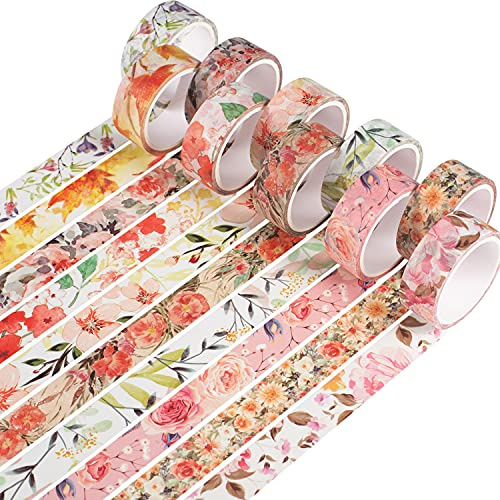 YUBX Washi Dekorativt papper självhäftande maskeringstejp – set med 15 rullar – för scrapbooking, hantverk och gör-det-själv (varm ton)