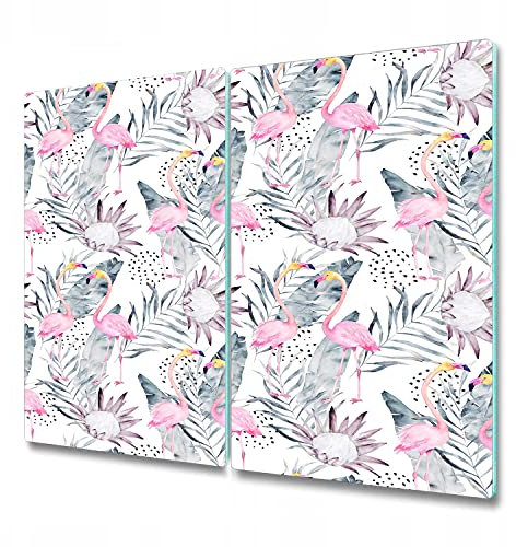 Coloray Glas Schneidebrett 2x30x52cm Herdabdeckplatte Servieren von Speisen Spritzschutz Glasabdeckplatte Gehärtetes Glas Induktionsherdabdeckung - Flamingo lässt Vögel Blumen gehen