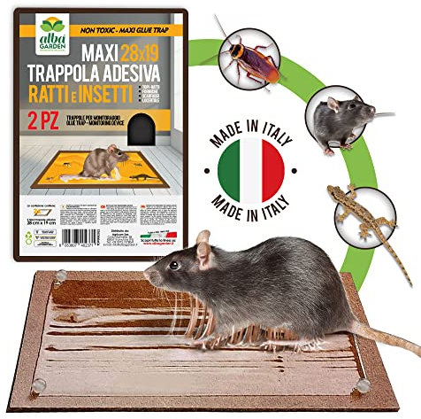 Albagarden - Trappola Per Topi Super Adesiva Professionale con Esca e con Aroma al Formaggio - Tavoletta con Colla Per Topi - Cattura Roditori, Talpe, Rettili, Ratti (2 Pz)