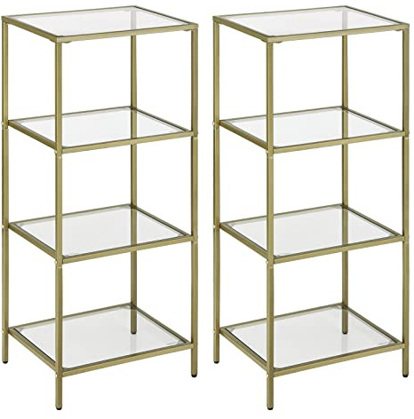 VASAGLE Hylla med 4 hyllor, 2 st, badrumshylla, härdat glas, enkel montering, för badrum, vardagsrum, kök, kontor, guldfärgad LGT028A01