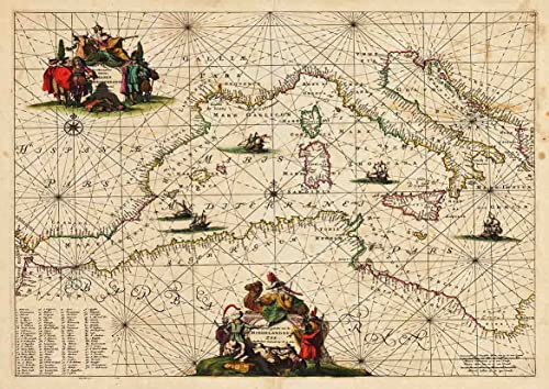 Generic ARA STEP Antika vintage världskartor Asien Europa Amerika Australien affischer väggkonst dekor tryck UNFRAMED A (297 x 420 mm/11,7 x 16,5 tum, 1675 västerländsk trakt av Medelhavet)