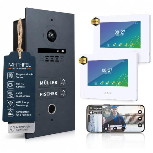 Mathfel 2-Draht Video Türsprechanlage mit Fingerprint – WLAN Monitor, 2MP HD Kamera, 170° Weitwinkel, Türklingel mit Kamera & Türöffner für 2-Familienhaus (Anthrazit, 2 x 7)