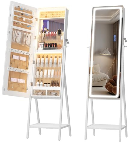 LVSOMT RGB LED Mirror Jewelry Cabinet, Large Jewelry Armoire Cabinet Standing, Lockable Full Length Mirror with Jewelry Storage, Space-Saving Jewelry Organizer Mirror, 14 RGB Lights, White