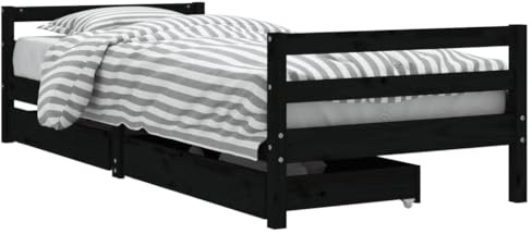 vidaXL Kinderbett, Kinder Bettgestell mit Schubladen, Hausbett für Kleinkinder ab 4 Jahren, Einzelbett Kinder Jugendbett Holzbett, Schwarz 90x200 cm Massivholz Kiefer