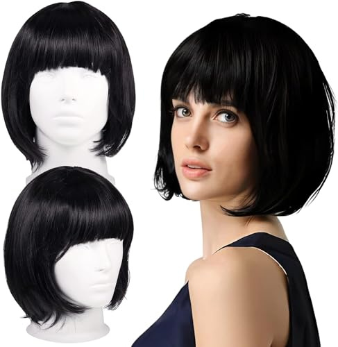 Bob Perücke Damen, Kurz mit Pony für Party Cosplay und den täglichen Alltag | Velma Perücke Stil, Tageshaarperücke, Kurzhaar Perücke mit Pony, Schwarz, Party Cosplay Perücke