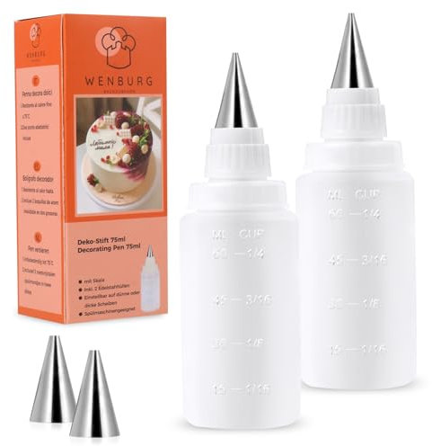 Wenburg 75ml Spritzflasche mit 2 Edelstahl Tüllen, Dekostift mit Skala, Einfach zu verwenden Spritztüllen Set zum Zeichnen Schreiben und Dekorieren auf Torten