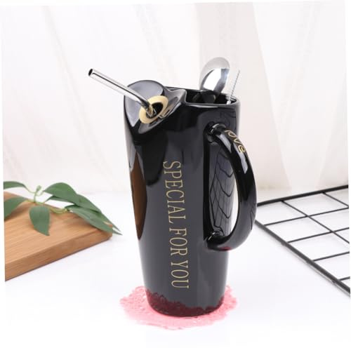 HEMOTON Tasses à Thé en Céramique de Capacité avec Cuillère Et Paille Tasse Fantaisie pour Couples Noir