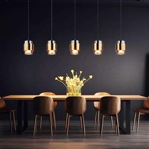 Hängeleuchte Esszimmerleuchte Pendellampe Wohnzimmerlampe Esstischleuchte, Metall schwarz Messingring Glas rauchfarben, 5 Flammig E27, H 150 cm