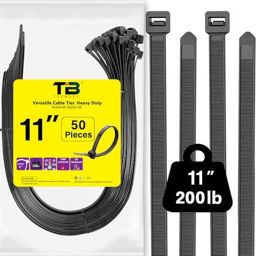 Attaches de Câble, Grands Heavy Duty Extra Longue 270mm x 8,8 mm Colliers de Serrage Plastique Noir, 50 Pièces Cable Ties Heavy Duty Serre-câbles Zip Ties, Extérieur Industriel Colliers Rilsan Noir