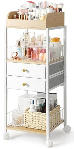 Bikoney Makeup Organiser with Drawers and Wheels – Floor Standing Vanity Trolley for Skincare, Perfume, Nail Polish, Hair Tools, Large Capacity Cosmetic Storage Unit for Bedroom or Bathroom