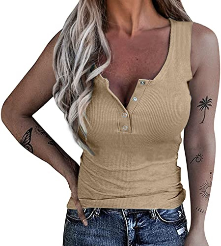 DeaAmyGline Tank Top Damen Stricktop Ärmellose T Shirt V Ausschnitt Knopfleiste Sexy Oberteile Sommer Weste Stretch Lässig Einfarbige Basic Tee Strick Bluse Tanktops & Träger-Tops für Frauen