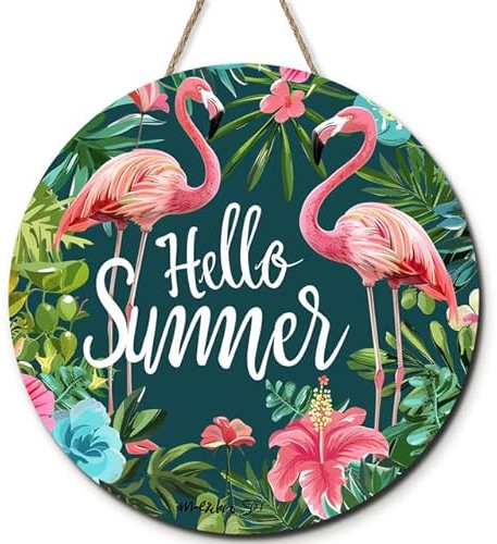 Horienteeon Farmhouse Hello Summer Tropisches Thema, runde Holzkränze, 30 cm, Flamingo und Blumenschild, Holz-Willkommensschild, Bauernhaus, Veranda, Dekoration, Einweihungsgeschenk für Zuhause,