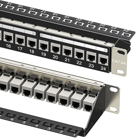 Cable Matters 1U 19-Inch 24-Port 10Gbps Cat6A Ethernet Patch Panel with Inline Keystone and Cable Management Bar, Rackmount or Wall Mount RJ45 Patch Panel