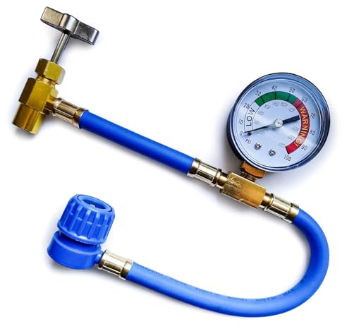 FreezeECO AC Refill Car Aircon Top-Up Re-Charge Hose with Pressure Gauge – Type A, 1/2 Thread (11.5cm diameter)