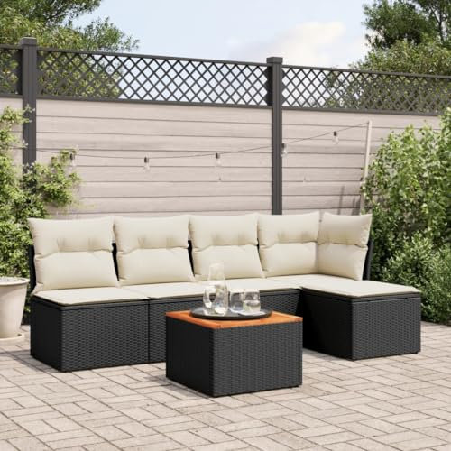 THOYTOUI 6-TLG. Garten-Sofagarnitur, Möbelsets Gartengarnitur Set Balkon Lounge Terrassen möbel Set Geeignet für Veranda Terrasse Balkon Garten mit Kissen Schwarz Poly Rattan