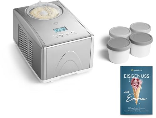 SPRINGLANE Emma Gelatiera 1,5 L con Compressore Auto Raffreddamento 150 W in Acciaio Inox con Serbatoio del Ghiaccio Rimovibile Include Ricettario (Argento, Emma Silver + 4 Contenitori per Ghiaccio