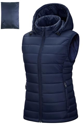 Outdoor Ventures dam quiltad väst med huva packbara övergångsvästar fodrad hybrid sportväst dam varm cykelväst med ståkrage för vandring camping, Mörkblå, XL