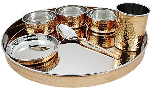 Royal Kurta Handicraft Indian Dinnerware Stainless Steel Copper Traditional Dinner Set of Thali Plate, Bowls, Glass and Spoon, Diameter.