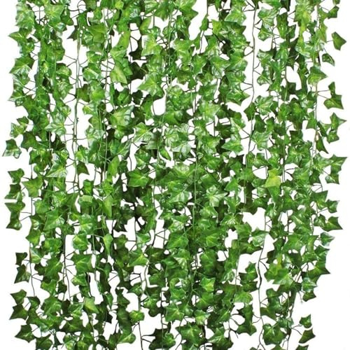 HSTWODE 1 paquete (12/tiras) de hiedra artificial, longitud total de 24 m, hojas de hiedra artificial para oficina, cocina, jardín, fiesta, decoración de pared (1, hiedra)