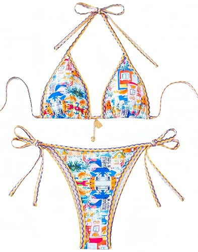 Ocean Plus Boho Triangle Bikini con Correa de Traje de Baño Bandeau Push Up Conjunto (XS (EU 30-32), Pintura de Color)