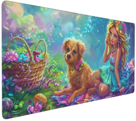 Gaming Mauspad XXL Hund Mousepad 1000x500x4mm Mädchen Verlängertes Mauspad Schreibtischauflage,Genähte Kanten Mauspad,Verbessert Präzision und Geschwindigkeit Wasserdicht Geeignet für Büro und Spiele