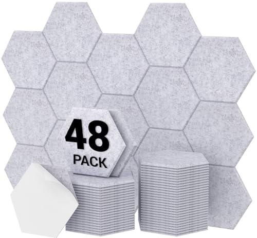 TONOR Lot de 48 Panneau Acoustique Mural Autocollante, 30 x 26 x 1cm Panneaux muraux 3D Acoustique à Haute Densité, Mousse Acoustique Hexagonal Isolant Phonique pour Studio/Bureau/Chambre/Salon, Gris