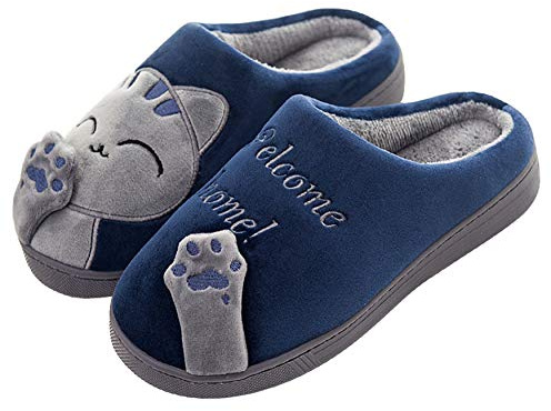 Meik Mangni Chaussons Femme Hiver Chaud Fourrés Pantoufles Homme Confort Mémoire Peluche Slippers Coton Chaussures pour la Maison Antidérapantes Chaussures,bleu,Taille 37/38 EU=semelle:38/39