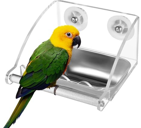 Mangiatoia per Uccelli con Supporto Antiscivolo, Alimentatore Trasparente, Ciotole in Acciaio Inox per Parrocchetti, Canarini, Inseparabili