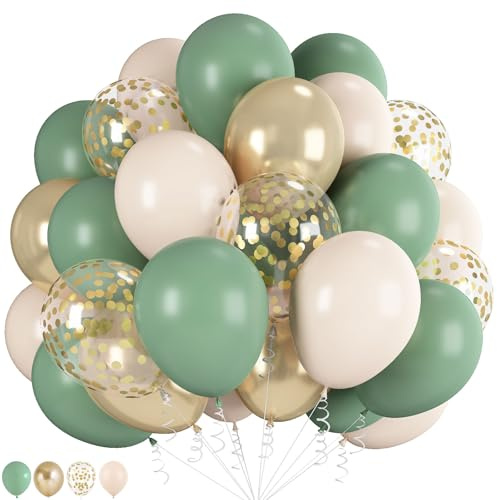Palloncini verde salvia oro, 60 palloncini da 30,5 cm, verde oliva e bianchi, con coriandoli dorati metallizzati, per compleanni, matrimoni, baby shower, addio al nubilato, fidanzamento, anniversari