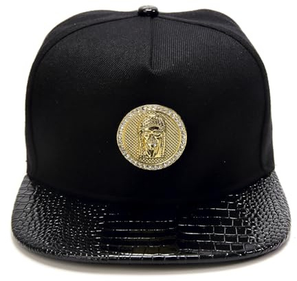 Casquette de baseball à bord plat Jésus doré pour homme avec médaillon doré, bord imitation crocodile noir