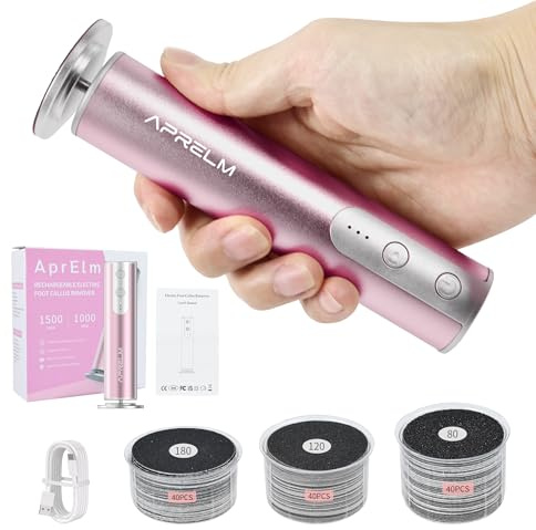 AprElm-Rechargeable Electric Foot Callus Remover with 3-Sizes 120Pcs Sandpaper Discs, Professional 800RPM 3-Speed Control Aluminum Electric Foot File with Adapter Cable (E3 Rose Pink)