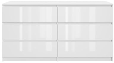 SoDREAMER Kommode mit 6 Schubladen | Weiß - glänzende Vorderseite 140 cm Ideal für Schlafzimmer Wohnzimmer Kinderzimmer und Büro | Große geräumige Schubladenschrank | 140x75x40 cm