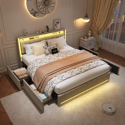 RTYUSWL Doppelbett 140x200cm,Doppelbettrahmen mit 4 Schubladen,LED-Beleuchtung und USB Ladefunktion,Bett 140x200 mit Schubladen,Schubladenbett mit Stauraum für Jugendliche,Leinenstoff