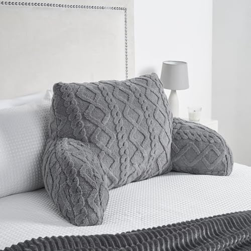 OHS Cuddle Cushion for Adults, Reading Pillow for Bed Sofa Super Soft Cosy Cable Knit Design Back Support Pillow with Arms Gaming Cushion for Relaxing Comfy, Grey